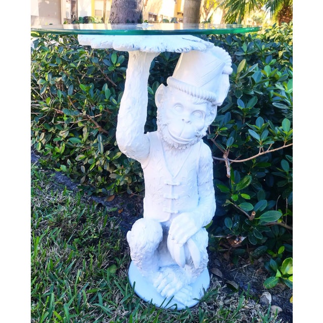 Traditional Vintage Large Monkey White Gloss Palm Beach Regency Glass Top Side Table For Sale - Image 3 of 10