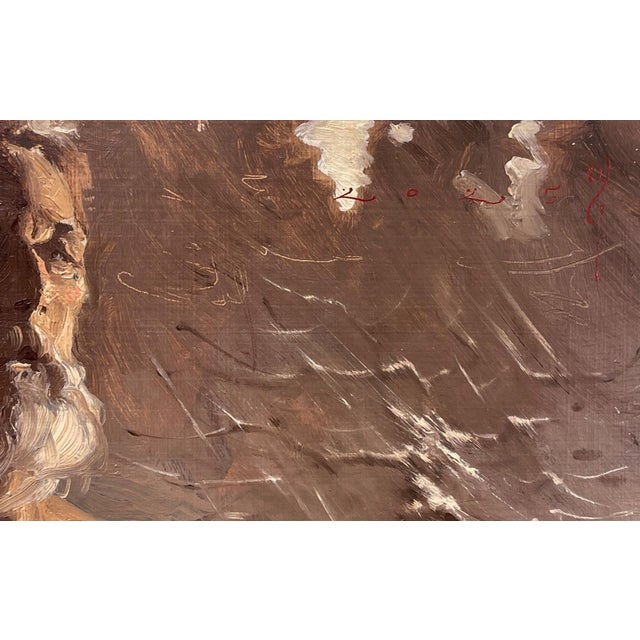 The painting depicts a blind man standing resolutely in a snowy landscape, his bare torso contrasting sharply with the...