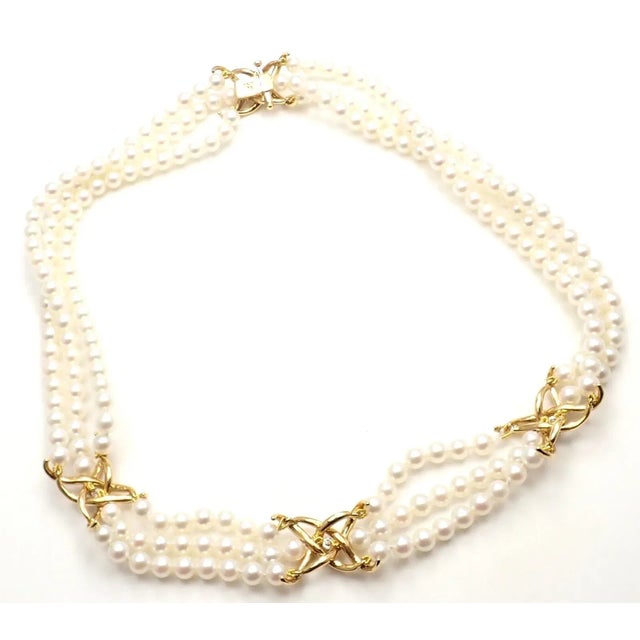 Tiffany & Co. 18k Yellow Gold Diamond 3 Strand Pearl Necklace For Sale - Image 9 of 10