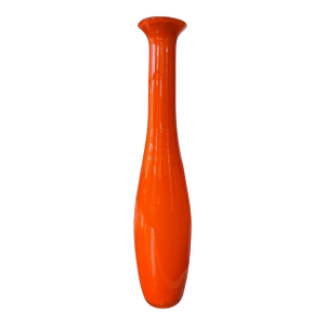 Vintage Mid 20th Century Orange Cased Art Glass Deco Vase With White Interior