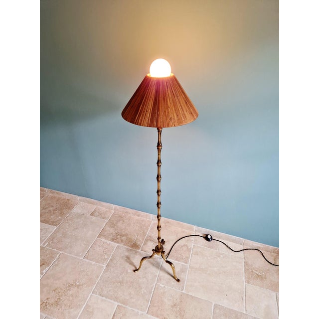 Mid-Century Modern Brass Floor Lamp with Rattan Lampshade, 1950s For Sale - Image 4 of 18