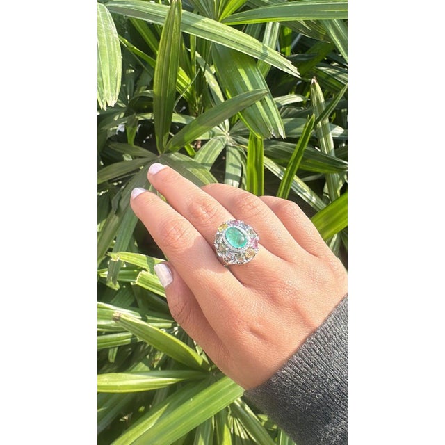 Green Set in 18k Gold, Colombian Emerald, Multi Sapphires & Diamond Dome Cocktail Ring, Us Size 5.5 For Sale - Image 8 of 12