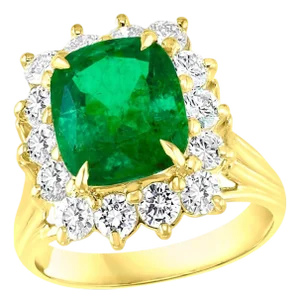 AGL Certified 4.2 Carat Cushion Cut Colombian Emerald & Diamond Ring 18K Y Gold