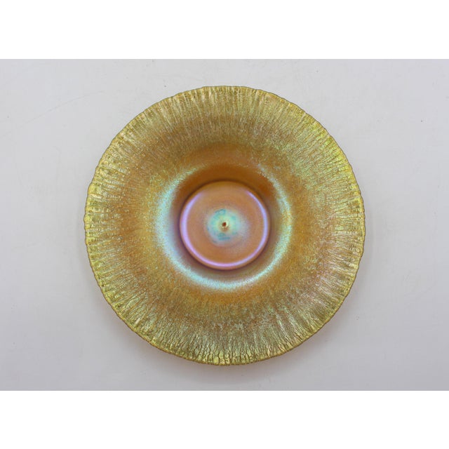 Matched set of four Quezel iridescent gold art glass finger bowls & underplates, circa 1910. Queens, NY. Art Nouveau....