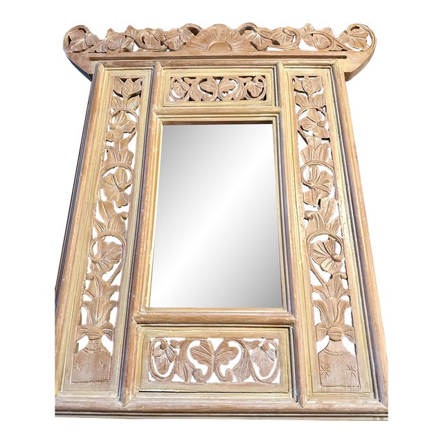 Vintage Hand-Carved Balinese Window Accent Wall Mirror For Sale