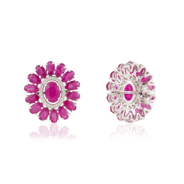 Metal Luxury 10.21ct Ruby Bloom Diamond Halo Statement Stud Earrings in 14k Gold- A Pair For Sale - Image 7 of 16
