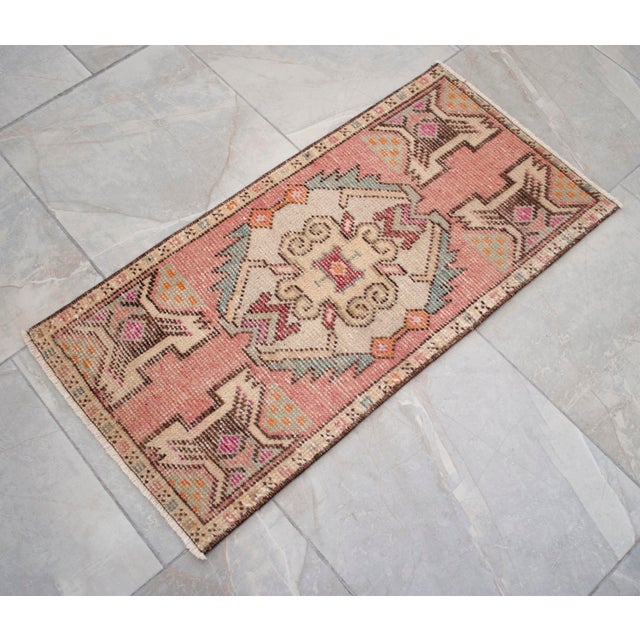 1970s Vintage Hand Knotted Small Turkish Rug 1970s Entry Mat Kitchen Laundry Decor Boho Doormat 17"x34" For Sale - Image 5 of 10