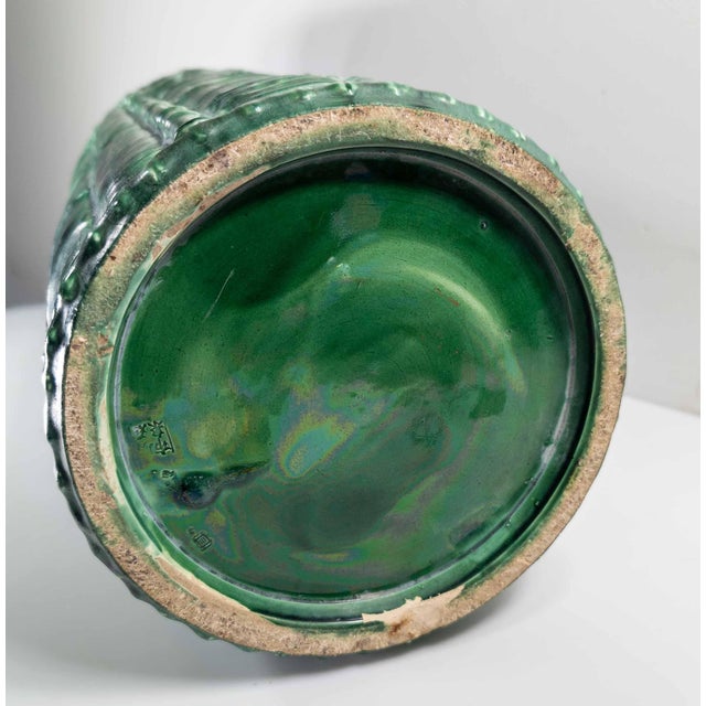 20th Century Japanese Faux Bamboo Green Glazed Pottery Umbrella Stand or Cane Holder For Sale - Image 12 of 15