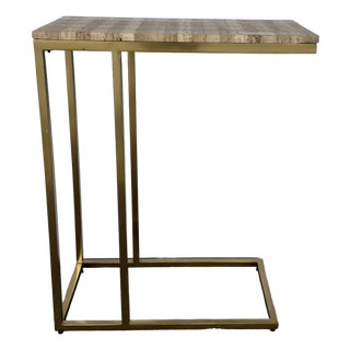 Currey & Company Travertine and Brass Dezi C Cantilever Side Table For Sale