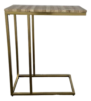 Currey & Company Travertine and Brass Dezi C Cantilever Side Table