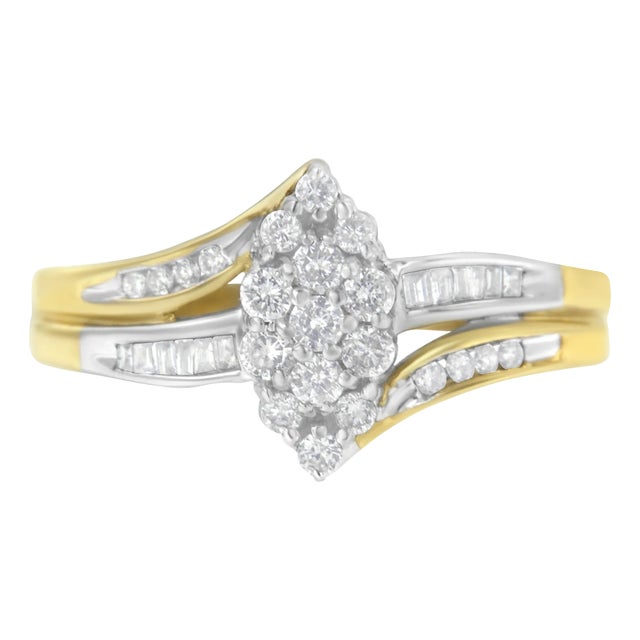 10K Yellow and White Gold 1/2 Cttw Diamond Marquise Shaped Cluster Split Shank Ring - Size 8 For Sale