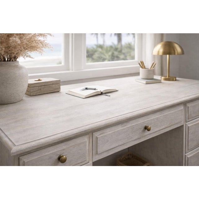 Vintage Solid Pine Scandinavian Style Limewash Double-Pedestal Writing Desk For Sale - Image 12 of 12