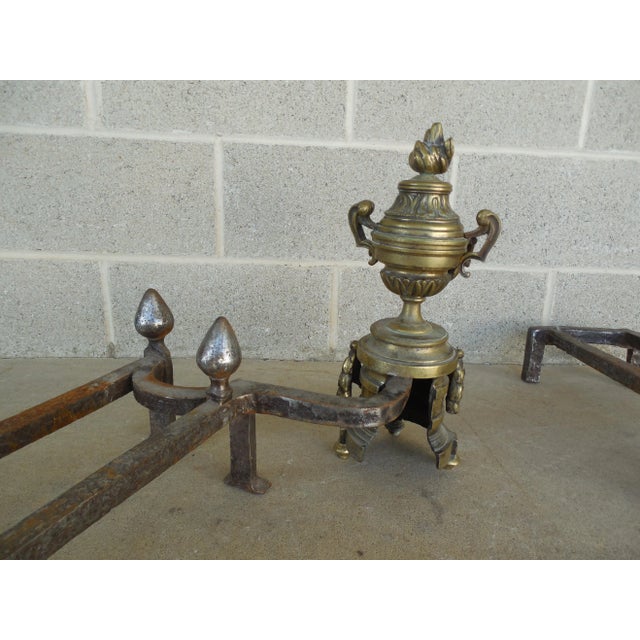 Gold Antique Brass Urn & Flame Andirons - A Pair For Sale - Image 8 of 11
