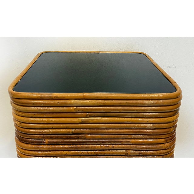 Gabriella Crespi Tall Vintage Pencil Reed Rattan Pedestal With Black Glass For Sale - Image 4 of 6