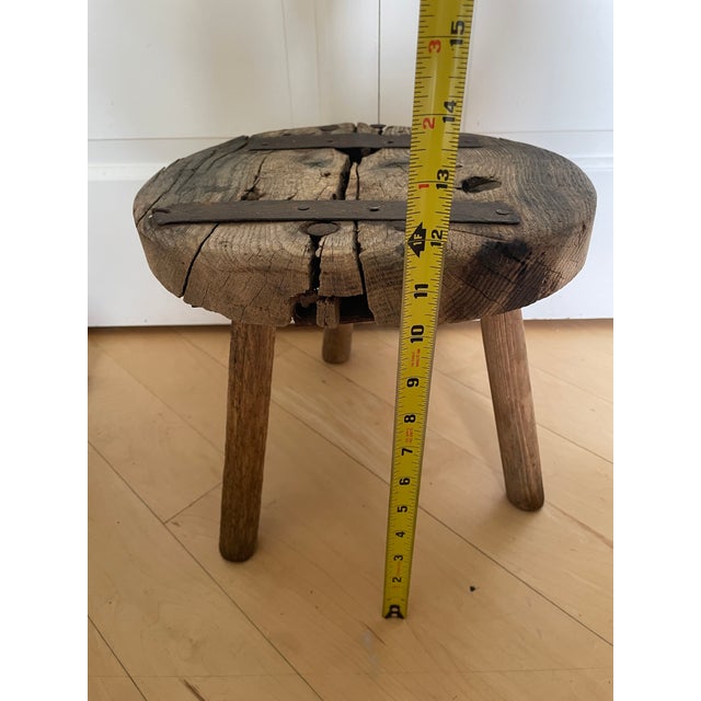Antique 3 Legged Milking Butcher Stool Reinforced Primitive Iron Straps For Sale - Image 12 of 12