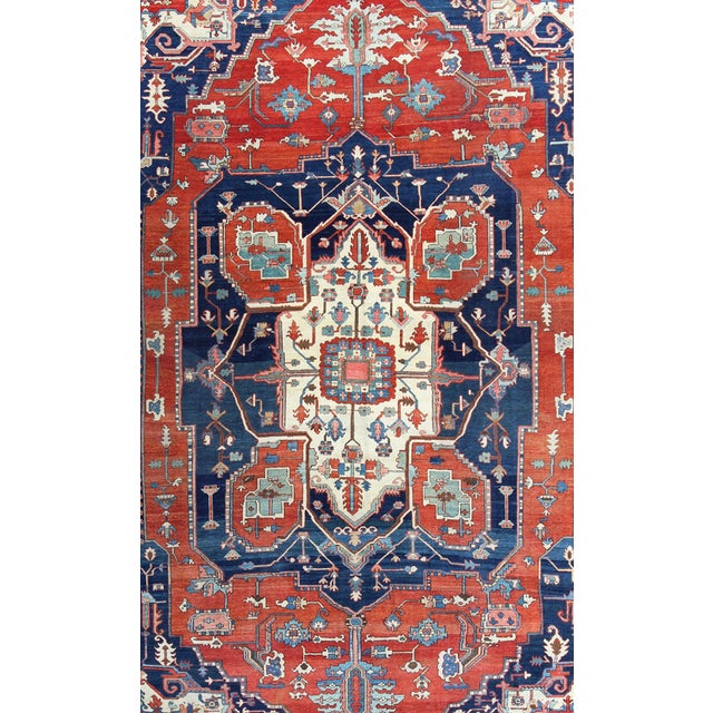 Large Antique Persian Fine Weave Serapi Rug With Bold Geometric Medallion For Sale - Image 4 of 10