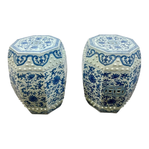 Chinese Qianlong Style Porcelain Octagonal Garden Blue & White Stool, a Pair