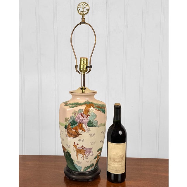 Chinoiserie Vintage Chinese Chinoiserie Deer Motif Porcelain Table Lamp For Sale - Image 3 of 9