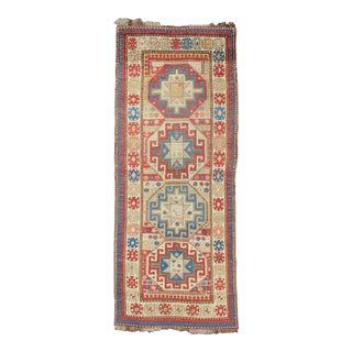 Multicolored Medallion Antique Caucasian Kazak Rug With Geometric Medallions For Sale