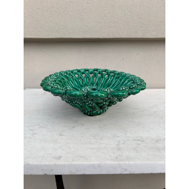 French Large Green Majolica Reticulated oval Bowl or Basket Vallauris circa 1950. 15.5 inches by 10.5 inches. H / 4 inches.