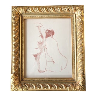 Original Vintage Double Female Nude Sepia Study Drawing Vintage Gilt Frame For Sale