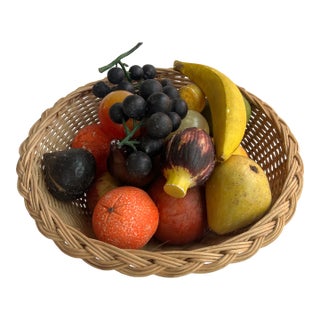 Mid-Century Alabaster and Stone Fruit in a Wicker Basket For Sale