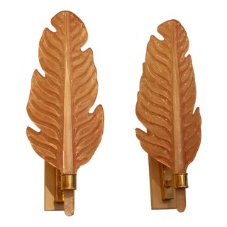 Leaf-Shaped Pink Murano Glass Wall Sconces in the style of Barovier, 2000s, Set of 2 For Sale