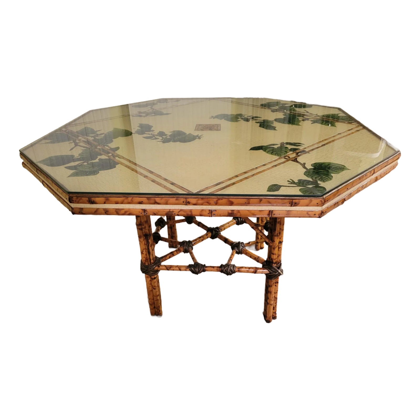 Vintage Octagonal Bamboo Dining Table W/ Glass Top – Palm Beach Regency ...