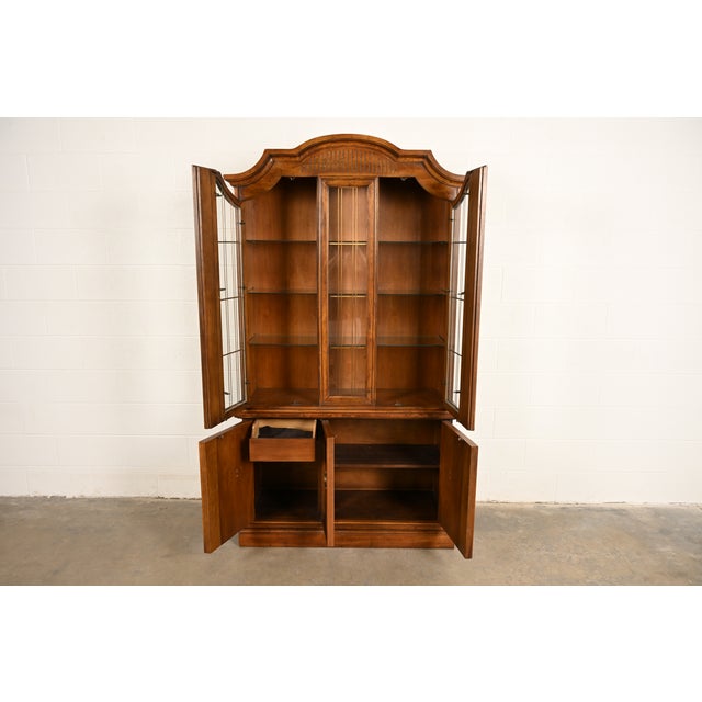 1960s Drexel French Regency Louis XVI Carved Burled Walnut Lighted Breakfront Bookcase Cabinet, Circa 1960s For Sale - Image 5 of 18