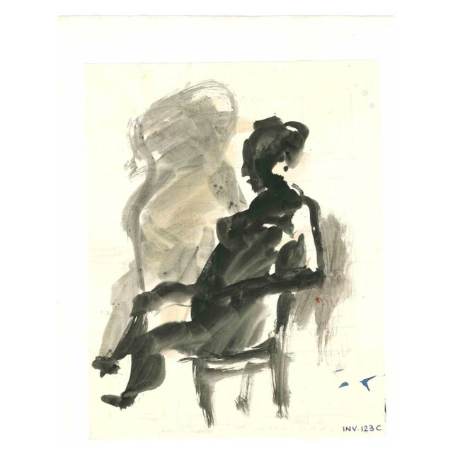 Leo Guida, Seated Woman and Surreal Scene, Original Ink & Watercolor, 1970s For Sale