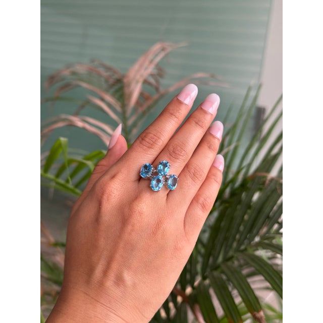 Blue 925 Sterling Silver Ring With Sparkling 9.59 CTW Blue Topaz 4 Stone in Prong Set - Size 8.5 For Sale - Image 8 of 13
