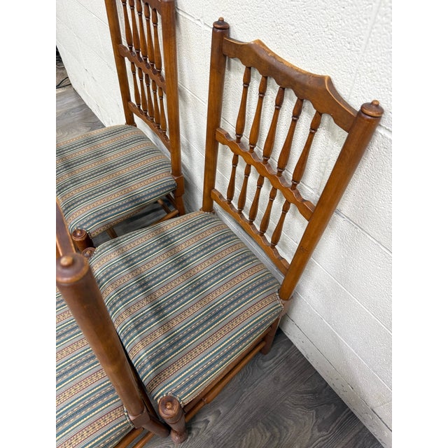 Vintage Colonial Style Spindle Back Upholstered Dining Chairs - Set of 4 For Sale - Image 4 of 13