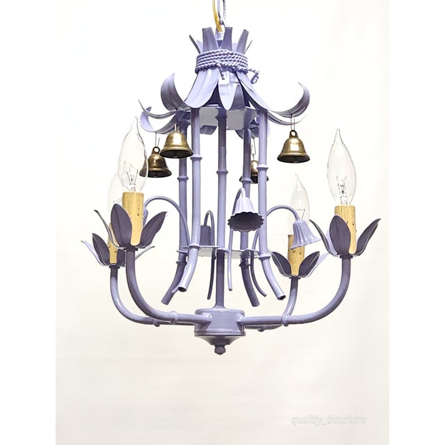 Offered for your consideration is a Darlingest Petite Vintage Italian Tole Faux Bamboo Pagoda Lavender Chandelier. The...