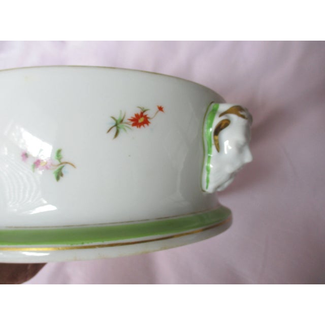 Antique French Porcelain White & Green With Flowers & Pan Face Handles Bowl For Sale - Image 9 of 13