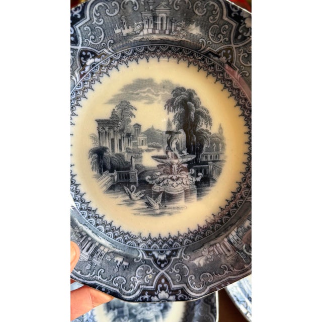Mid 19th Century A Super Rare Set of 6 Antique Flow Black Ironstone Plates “Athens” by W. Adams, Circa 1850’s For Sale - Image 5 of 12