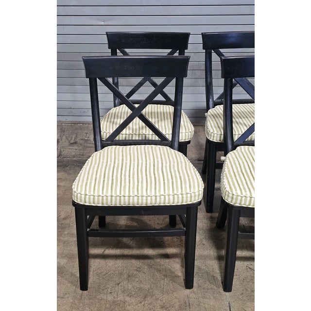 Pottery Barn Set of 6 Pottery Barn Black X Back Dining Chairs With Green Striped Padded Seats For Sale - Image 4 of 13