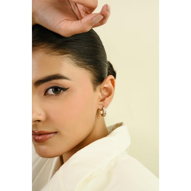 14k Yellow Gold Octagon Sapphire & Diamond Pink Contemporary Hoop Earrings- A Pair For Sale In New York - Image 6 of 12