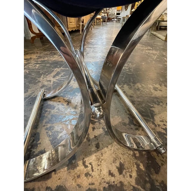 Mid 20th Century Mid Century Modern Vintage Italian Heavy Chrome Plated and Velvet Stool For Sale - Image 5 of 9