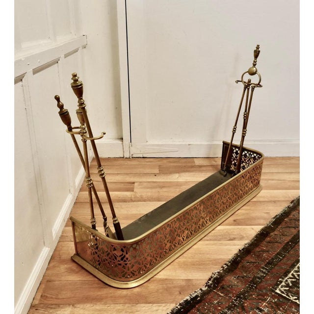 Gold Victorian Pierced Brass Fender with Fire Irons For Sale - Image 8 of 9