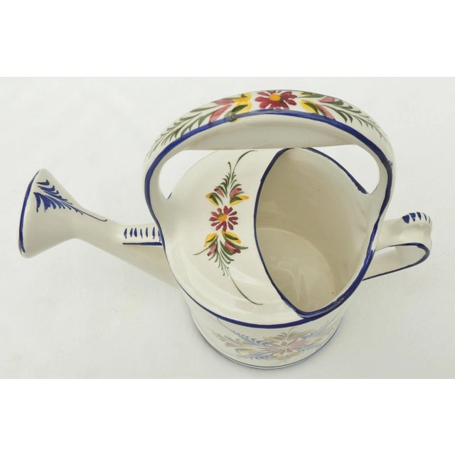 Large Vintage Blue & White Hand Painted Floral Ceramic Garden Watering Can Planter For Sale - Image 11 of 13
