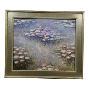Late 20th Century Impressionist Water Lilies Oil Painting on Canvas After Claude Monet 30"