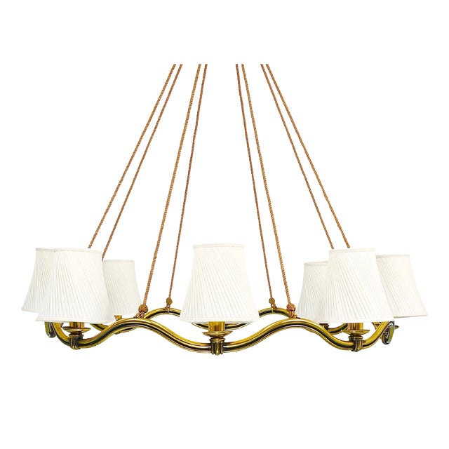 Large Viennese Modernism Curved Brass Wave Chandelier by Hugo Gorge, 1940s For Sale