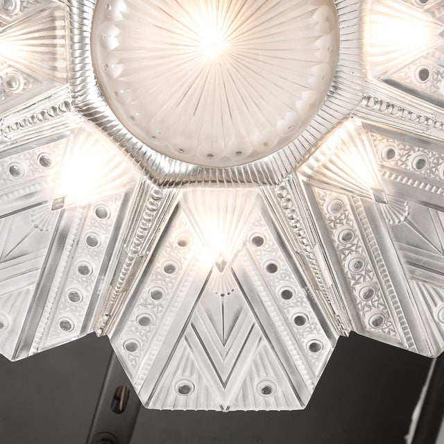 Jules Leleu Art Deco Frosted Glass Cubist Geometric Detail & Fluted Chandelier Signed Leleu For Sale - Image 4 of 18