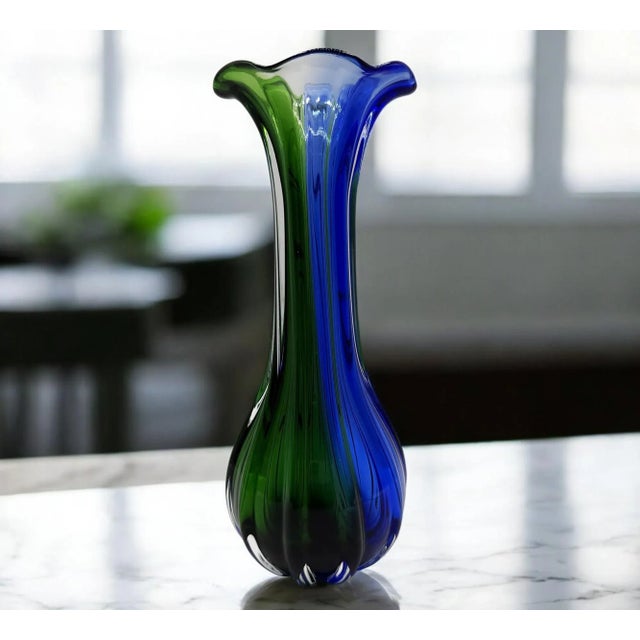 Green and Blue Ribbed Murano Glass Vase, 1960s For Sale - Image 4 of 10