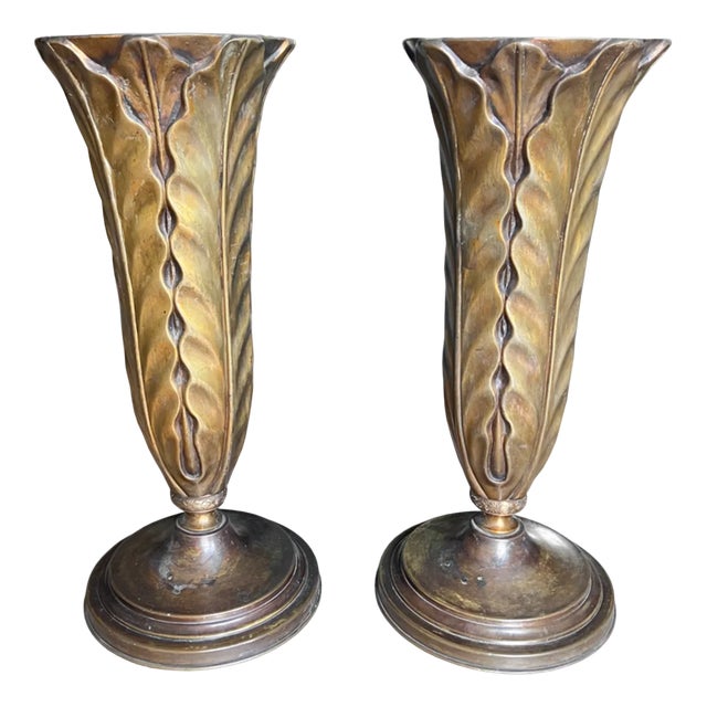 Large French Patinated Brass Uplighters, 1940s, Set of 2 For Sale