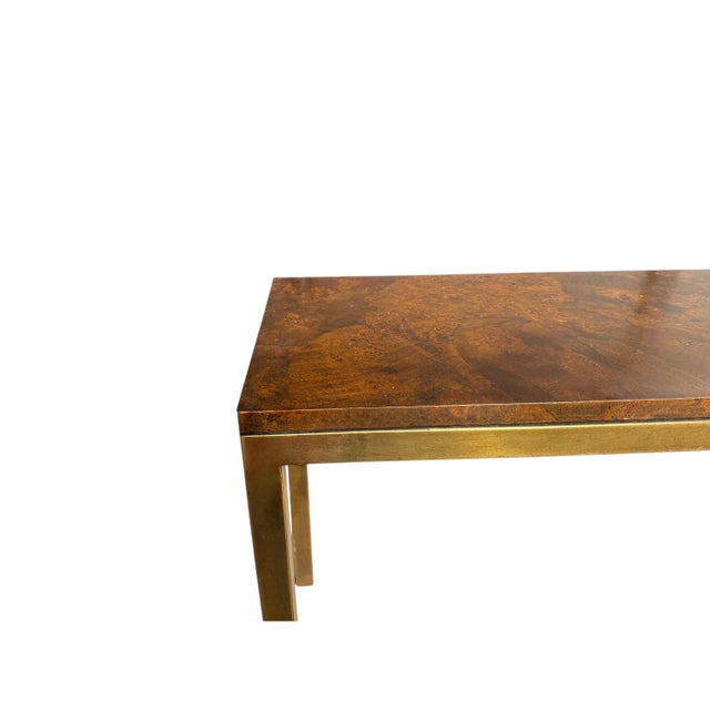 1970s Modern Burl Walnut and Brass Parson’s Style Console Table / Slim Desk For Sale In Atlanta - Image 6 of 7