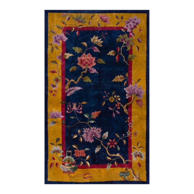 Lovely Navy Blue Background and Yellow Gold Border Color With Floral Design Antique Chinese Art Deco Rug For Sale