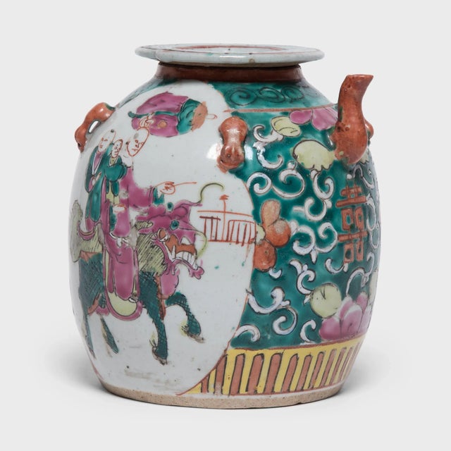 Antique Chinese Enamelware Teapot With Mythical Qilin For Sale - Image 4 of 11