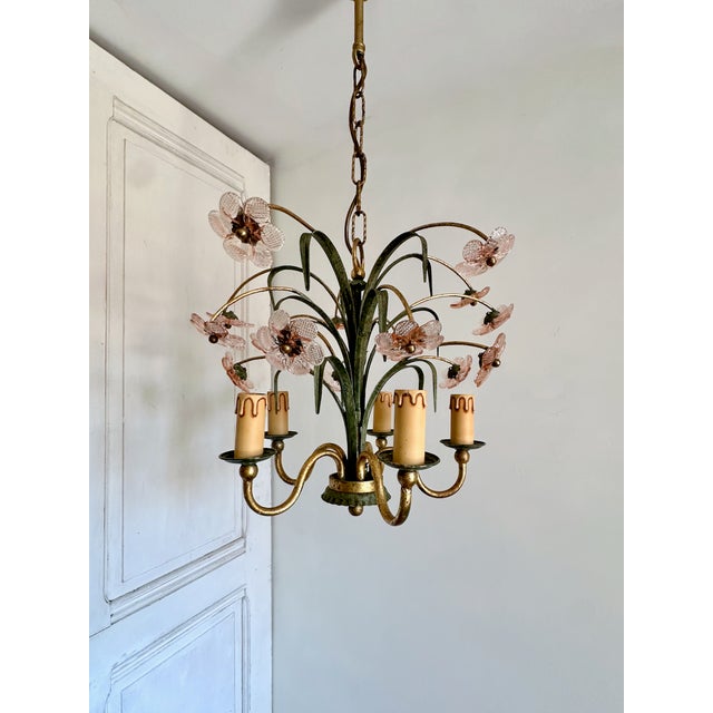Italian Pink Glass Floral Chandelier with Gilt Tole Leaves from Banci Firenze, 1970s For Sale - Image 4 of 16