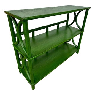 Mid-Century Green Rattan Etagere Bookcase Console - Newly Painted For Sale